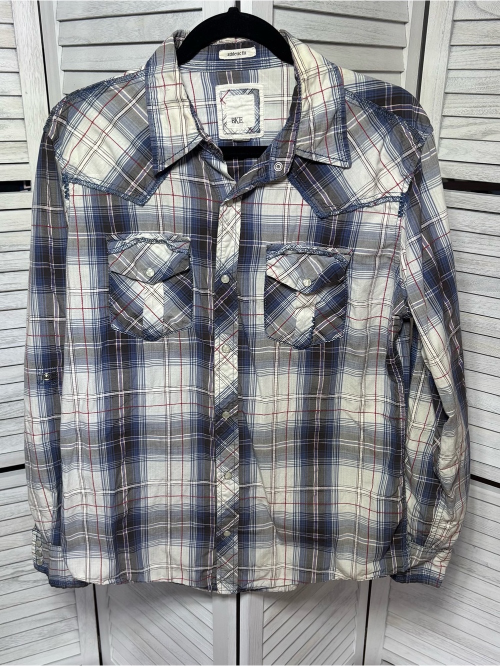 BKE Athletic Fit Plaid Western Pearl Snap Shirt Men’s Medium 100% Cotton